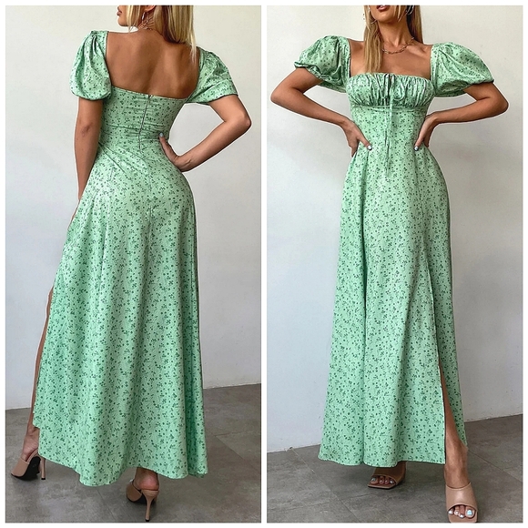 New Vintage Look Floral Tie Ruched Top Split Maxi Dress Green - Picture 1 of 8